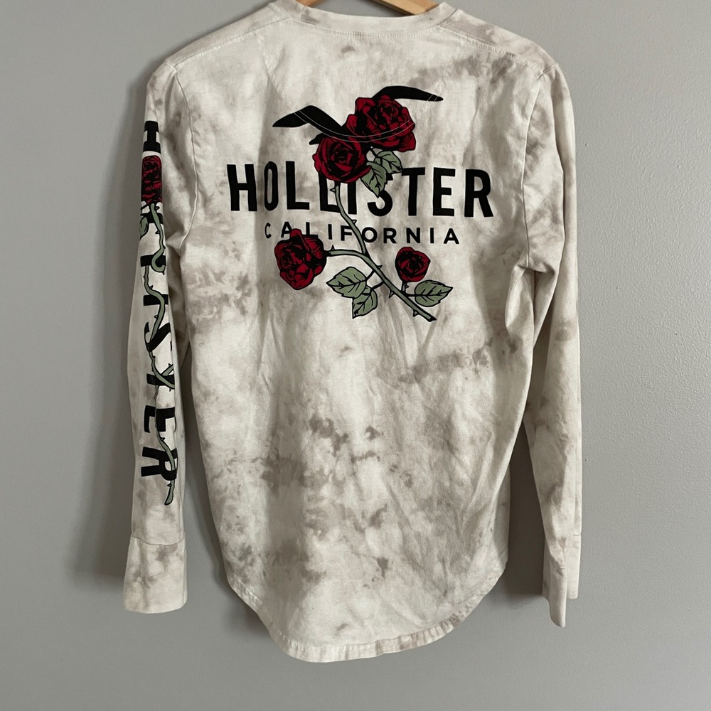 Hollister Long Sleeve Shirt Mens Small Gray White Tie Dye Rose Graphic Skater